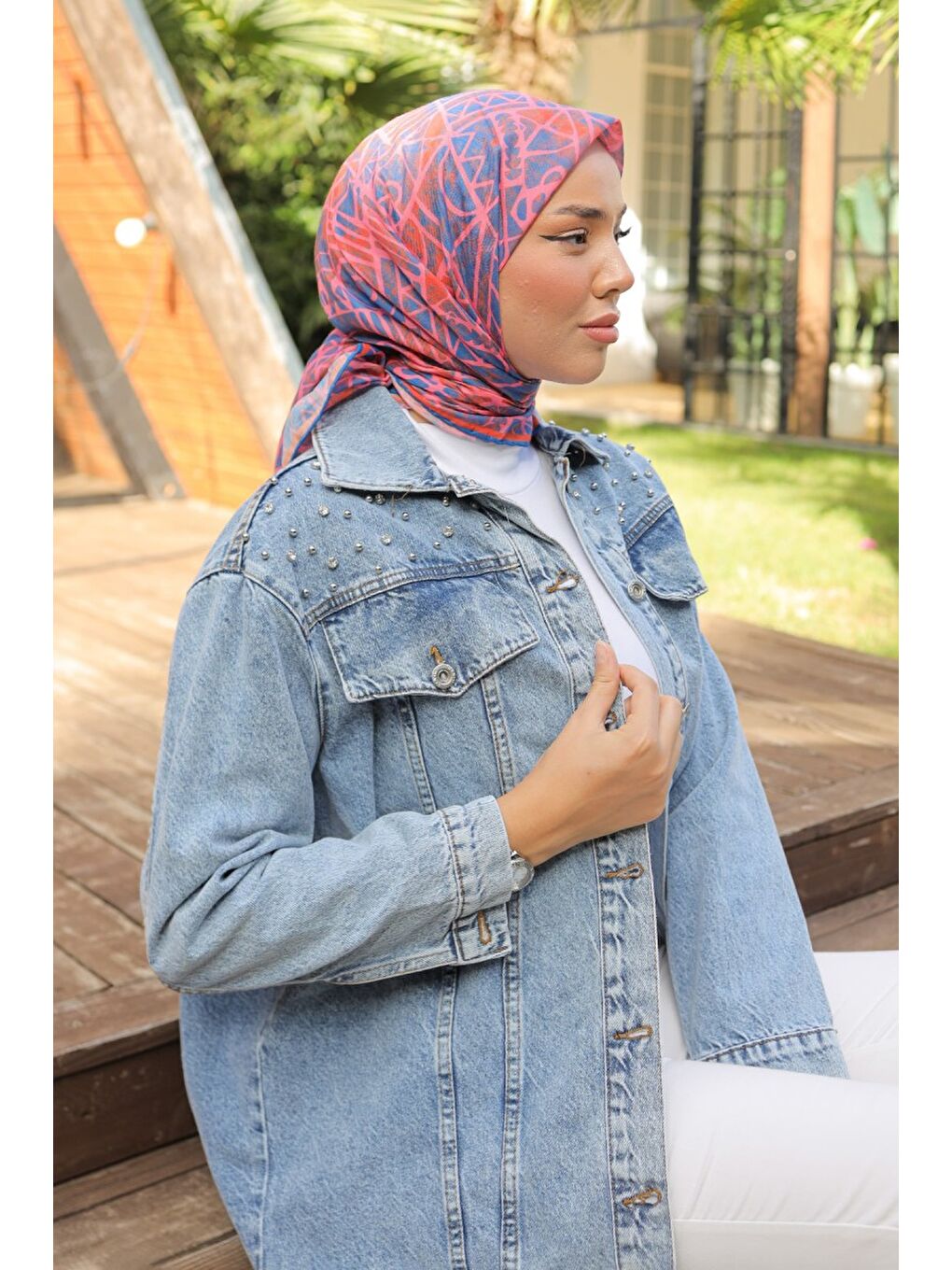 Kadın Omuz Taş Detaylı Oversize Jean Ceket Acik Mavi   26616-3