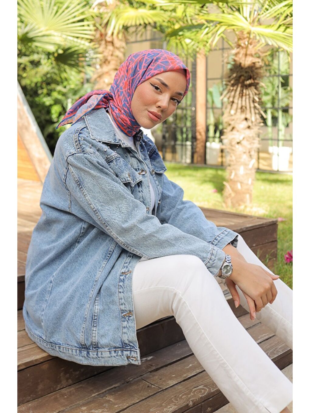 Kadın Omuz Taş Detaylı Oversize Jean Ceket Acik Mavi   26616-4