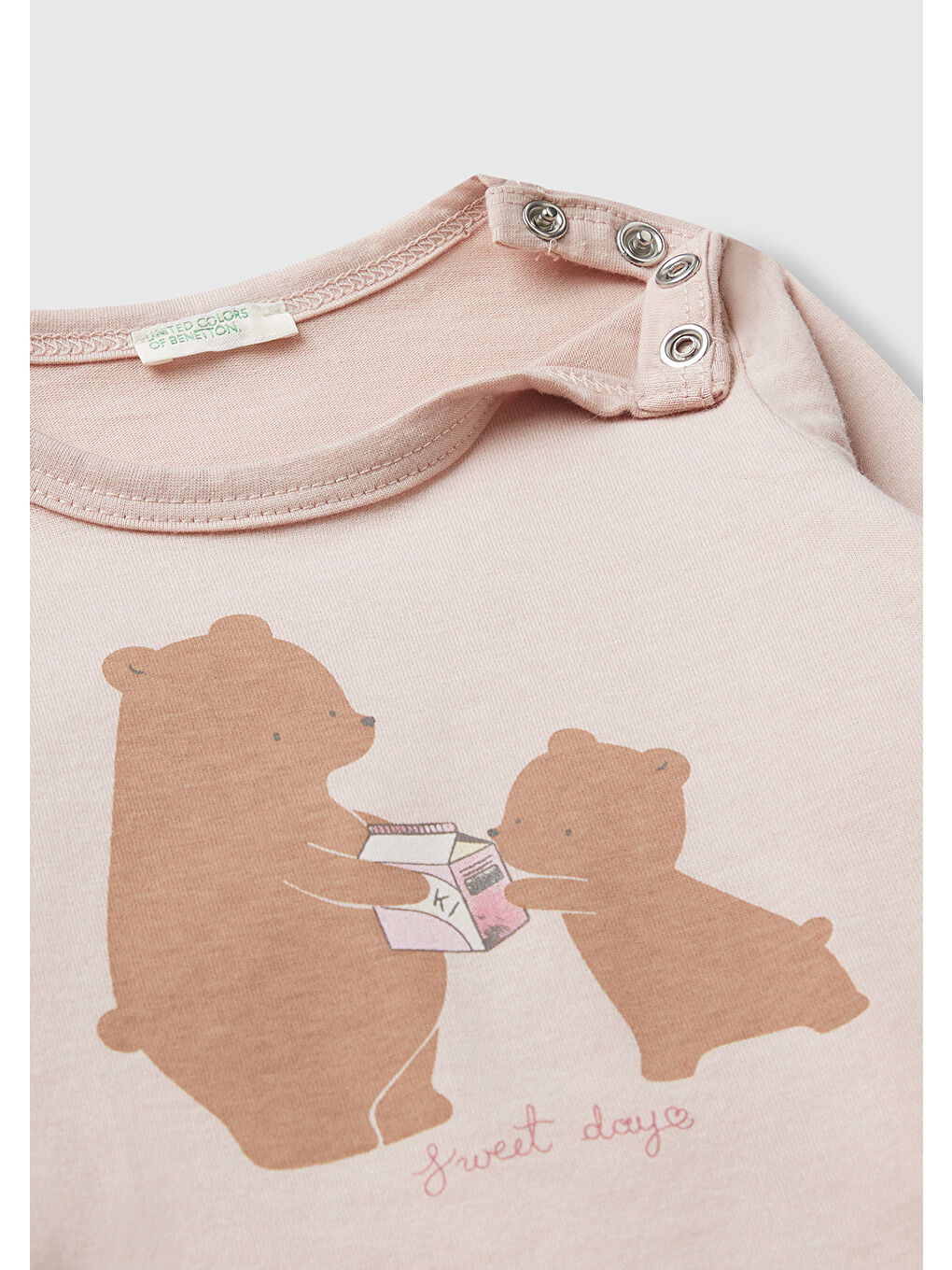 Bebek Toz Pembe Önü Baskılı Gizli Düğmeli Uzun Kollu T-shirt-2