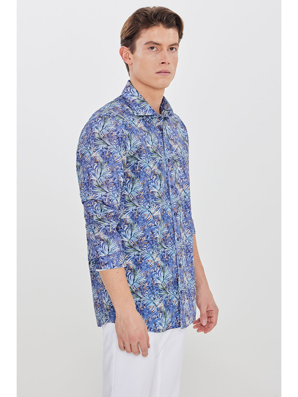 Erkek Lacivert-Yeşil %100 Pamuk Slim Fit Büyük İtalyan Yaka Baskılı Gömlek-2