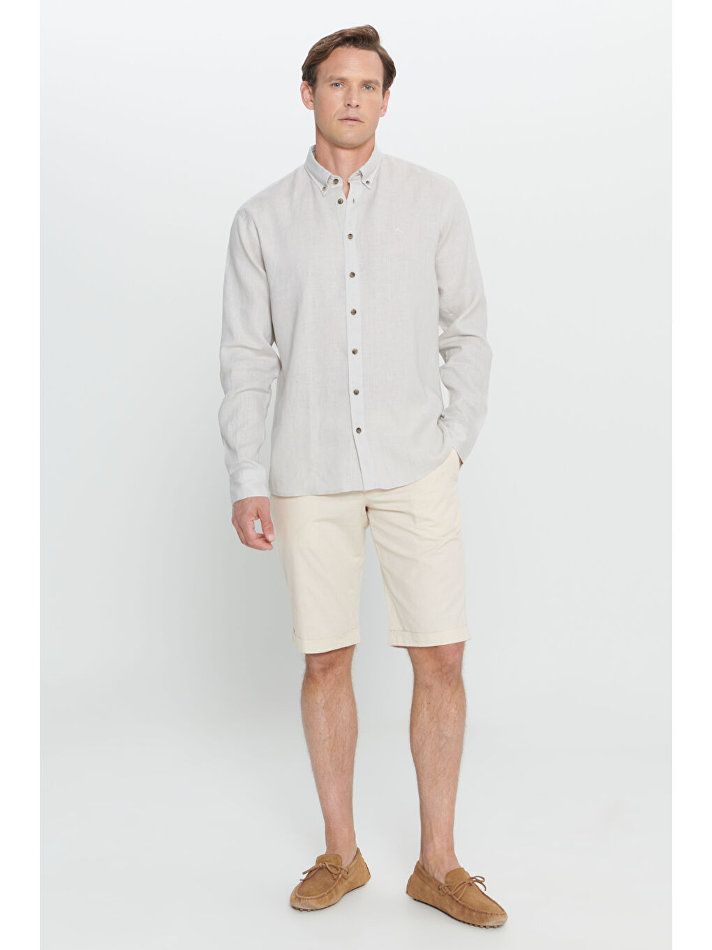 Erkek Bej Comfort Fit Rahat Kesim %100 Keten Düğmeli Yaka Gömlek-1