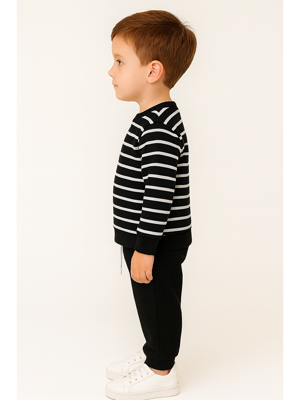 Bisiklet Yaka Çizgi Desenli Siyah Renk Erkek Çocuk Eşofman Takım-1