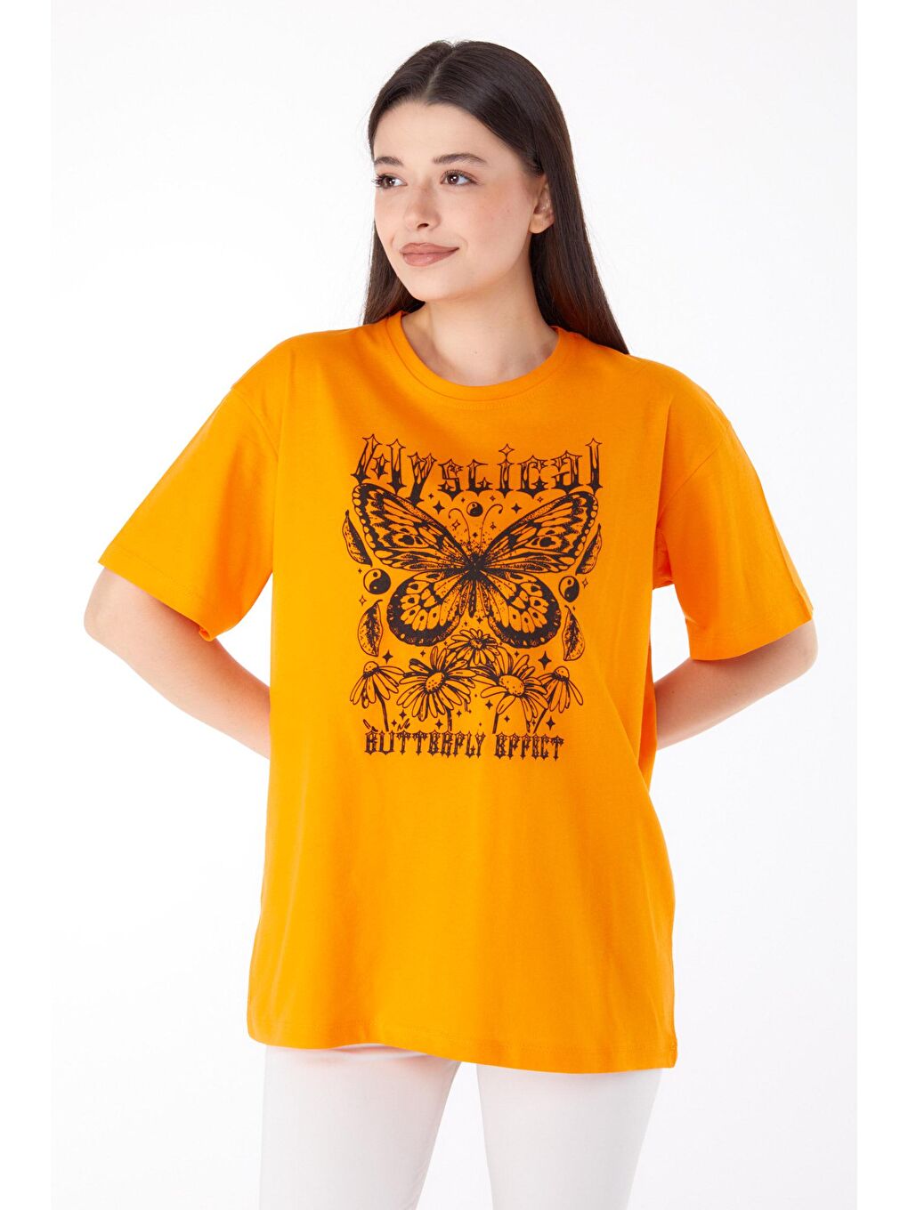 TOFİSA Turuncu Düz Bisiklet Yaka Kadın Turuncu Baskılı T-shirt - 25695 - 1