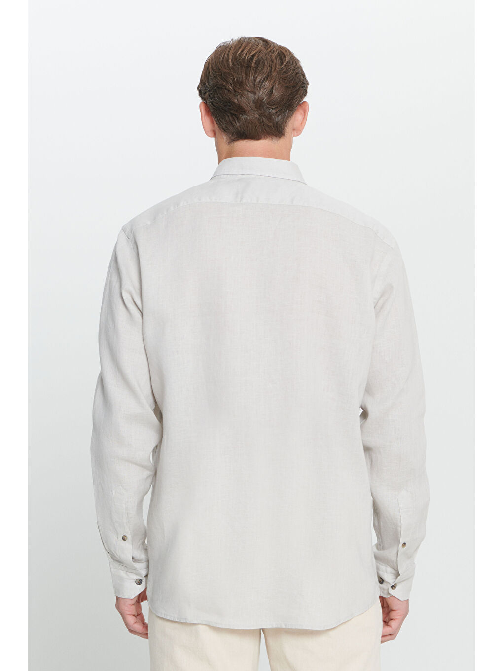 Erkek Bej Comfort Fit Rahat Kesim %100 Keten Düğmeli Yaka Gömlek-5