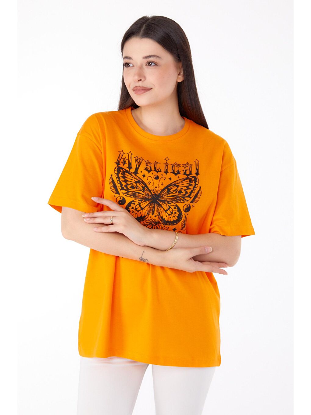 TOFİSA Turuncu Düz Bisiklet Yaka Kadın Turuncu Baskılı T-shirt - 25695 - 2