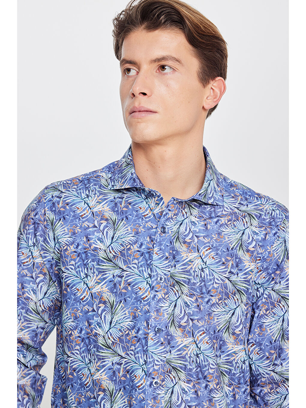 Erkek Lacivert-Yeşil %100 Pamuk Slim Fit Büyük İtalyan Yaka Baskılı Gömlek-3