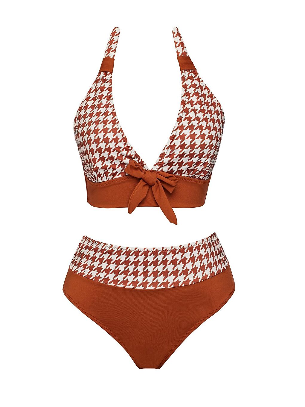 Kahverengi Yüksek Bel Desenli Üçgen Bikini Takım