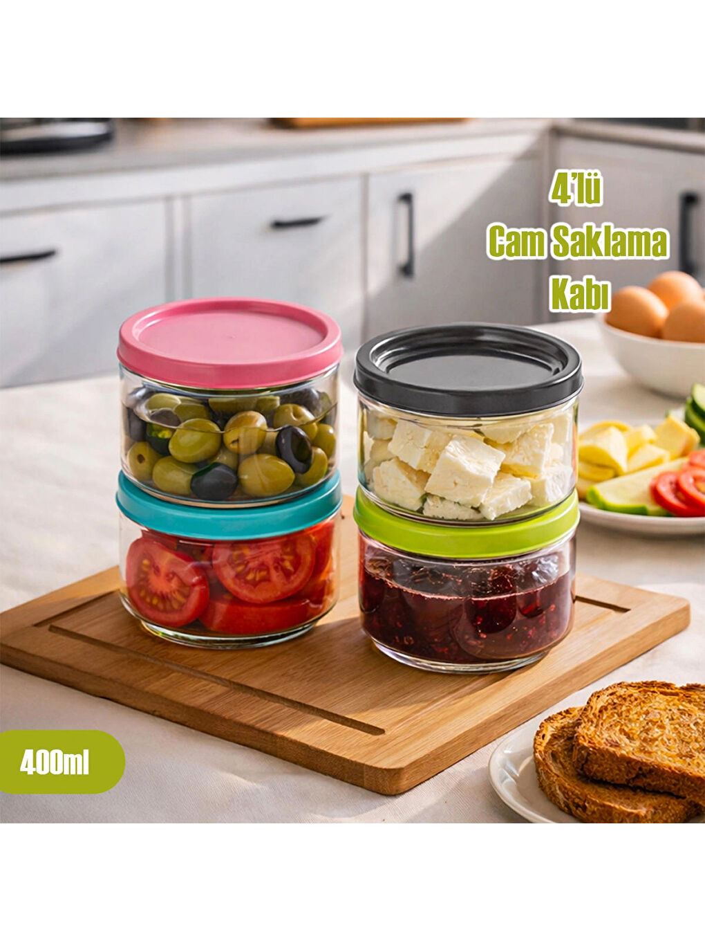 Karışık Lapis Düz 4lü Hava Geçirmez Cam Kahvaltılık Seti Renkli Kapaklı Saklama Kabı 400ml