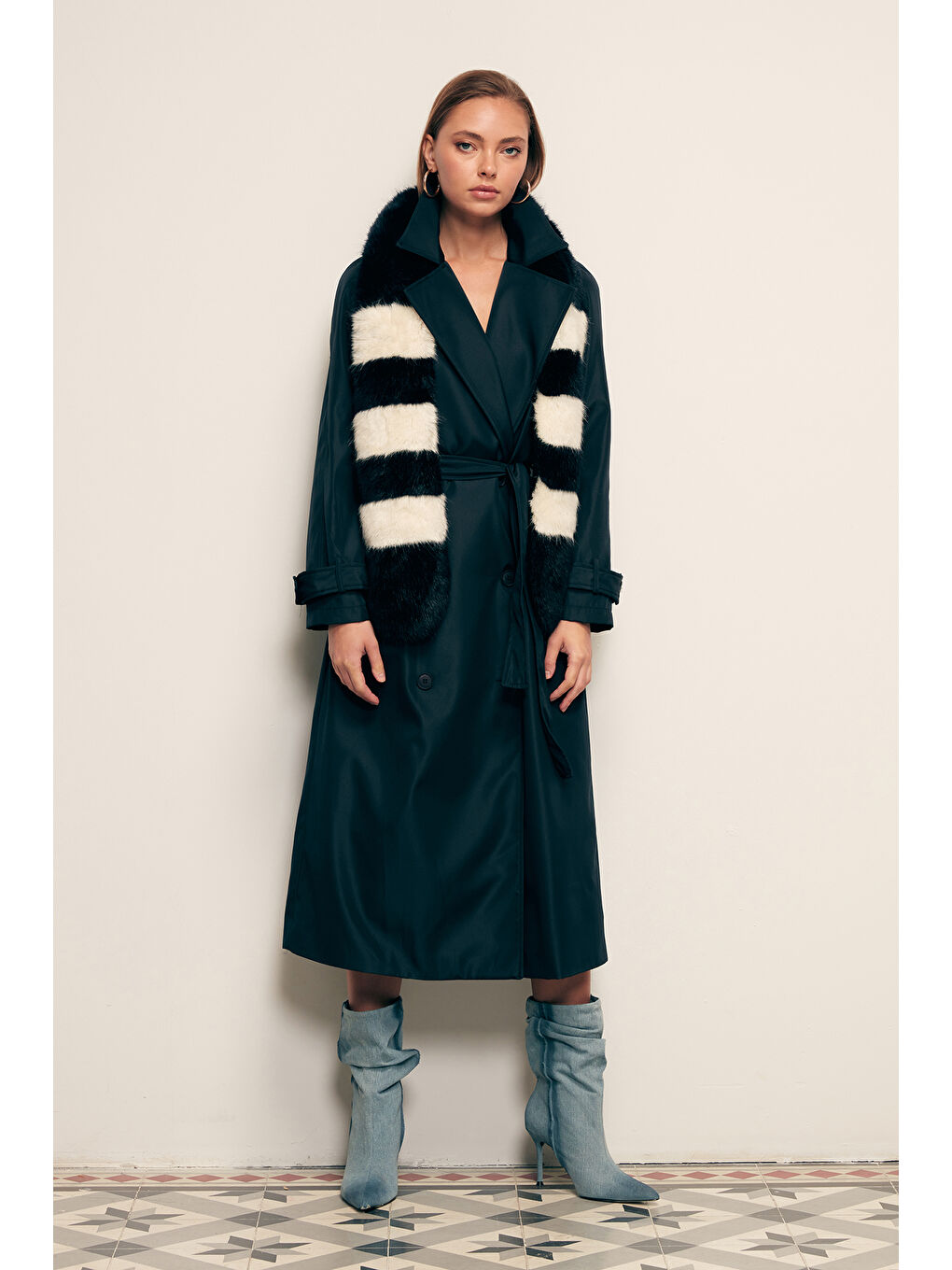 Kuşaklı Uzun Trenç - Lacivert