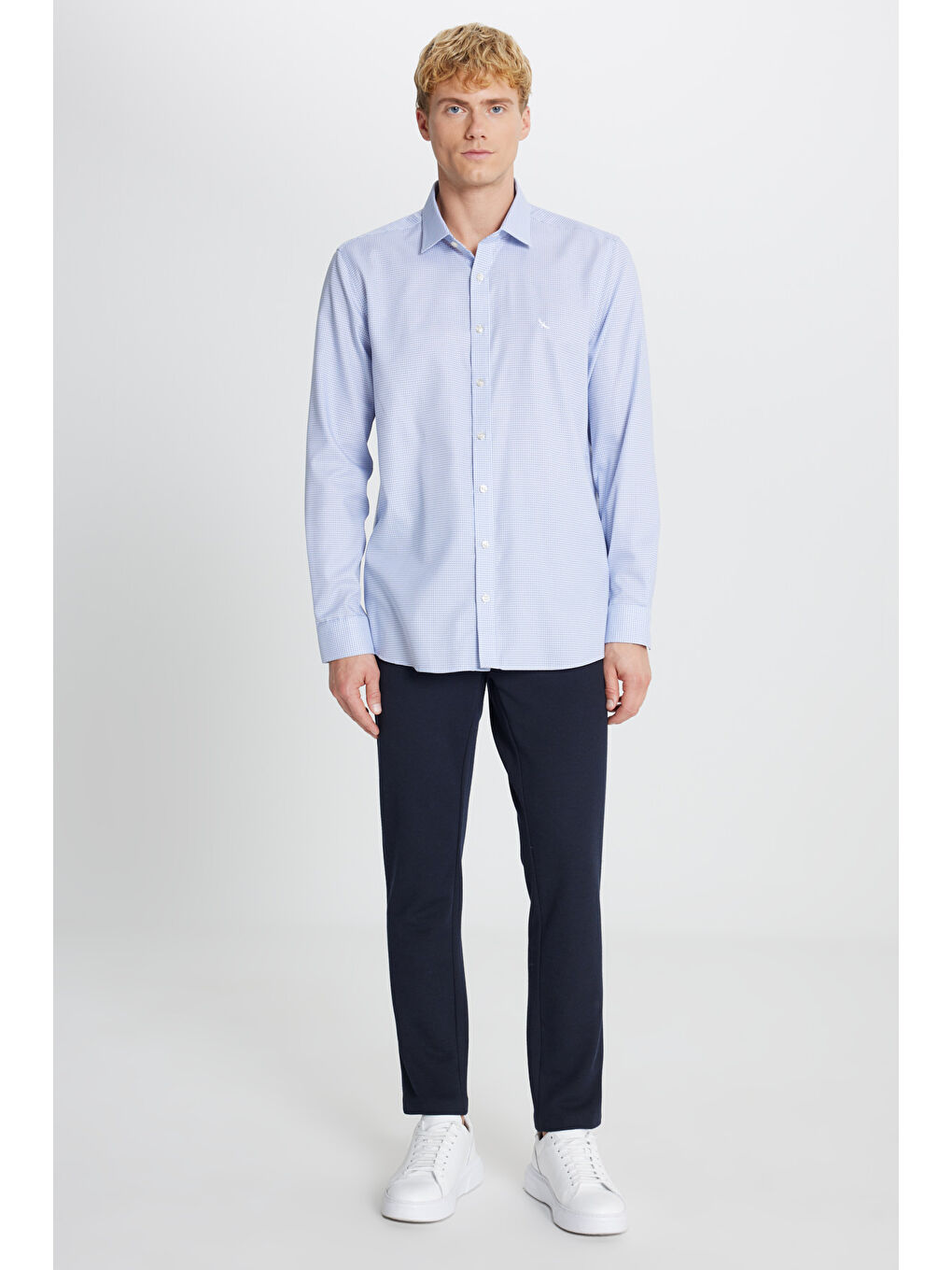 Erkek Mavi-Gri Ütü Gerektirmeyen %100 Pamuk Slim Fit Klasik Yaka Armürlü Gömlek-1