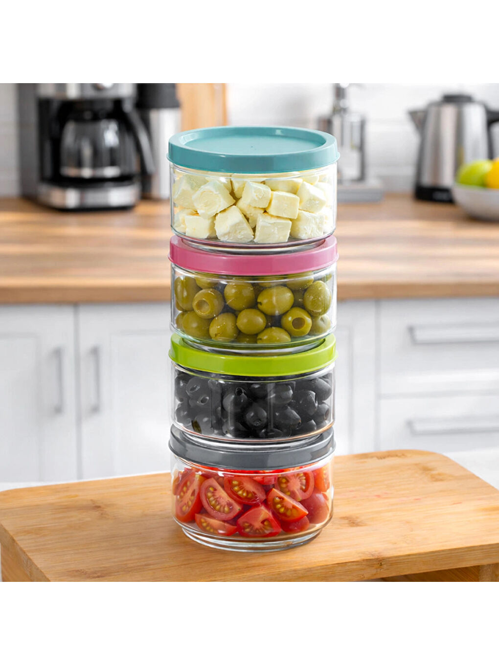 Karışık Lapis Düz 4lü Hava Geçirmez Cam Kahvaltılık Seti Renkli Kapaklı Saklama Kabı 400ml-1