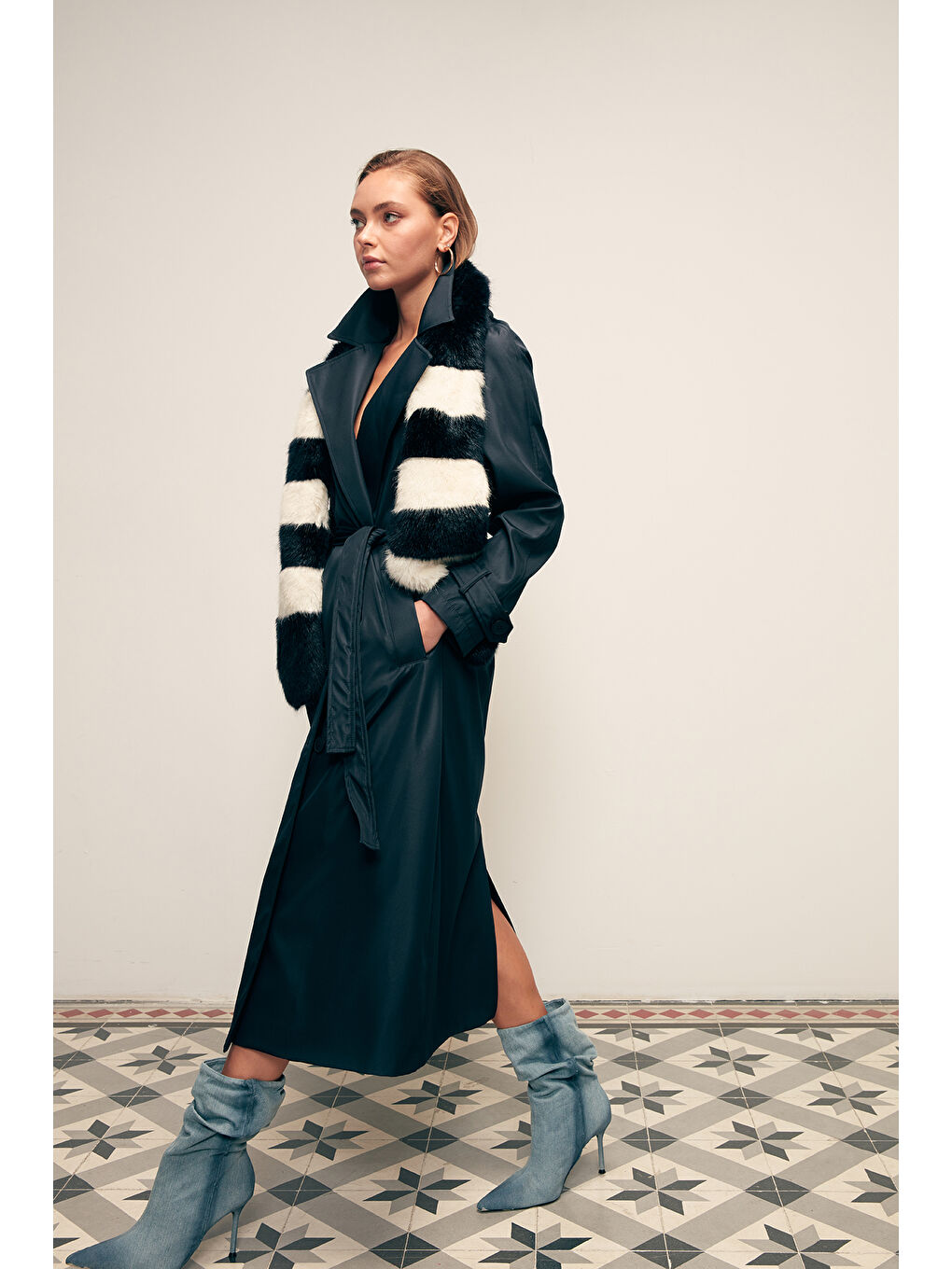 Kuşaklı Uzun Trenç - Lacivert-1