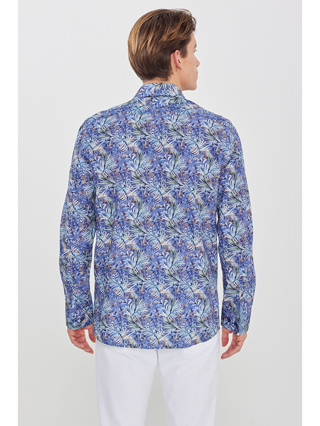 Erkek Lacivert-Yeşil %100 Pamuk Slim Fit Büyük İtalyan Yaka Baskılı Gömlek-4