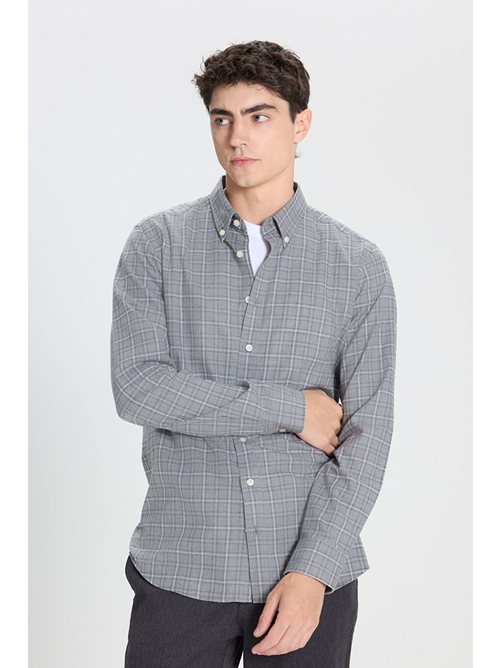 Erkek Antrasit-Gri %100 Pamuk Slim Fit Dar Kesim Düğmeli Yaka Kareli Flanel Gömlek-2