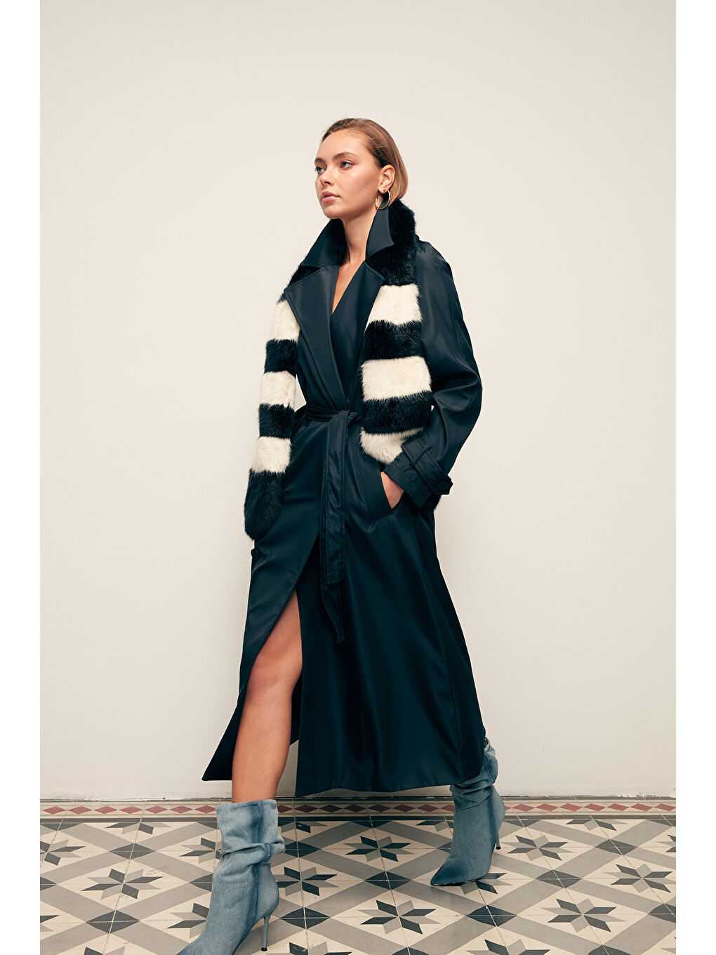 Kuşaklı Uzun Trenç - Lacivert-2