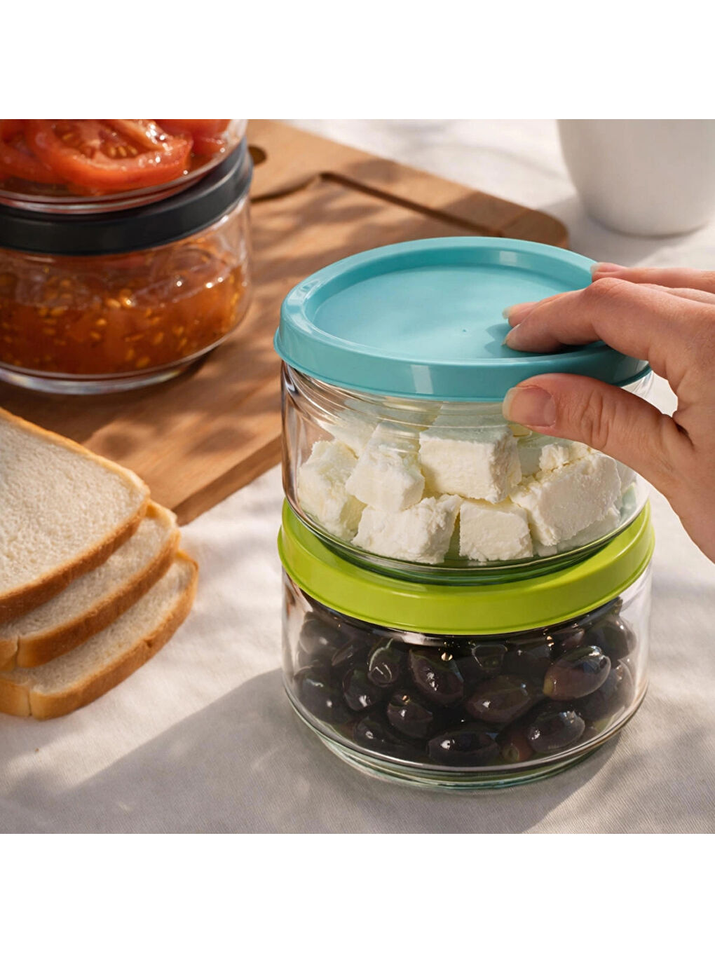 Karışık Lapis Düz 4lü Hava Geçirmez Cam Kahvaltılık Seti Renkli Kapaklı Saklama Kabı 400ml-2