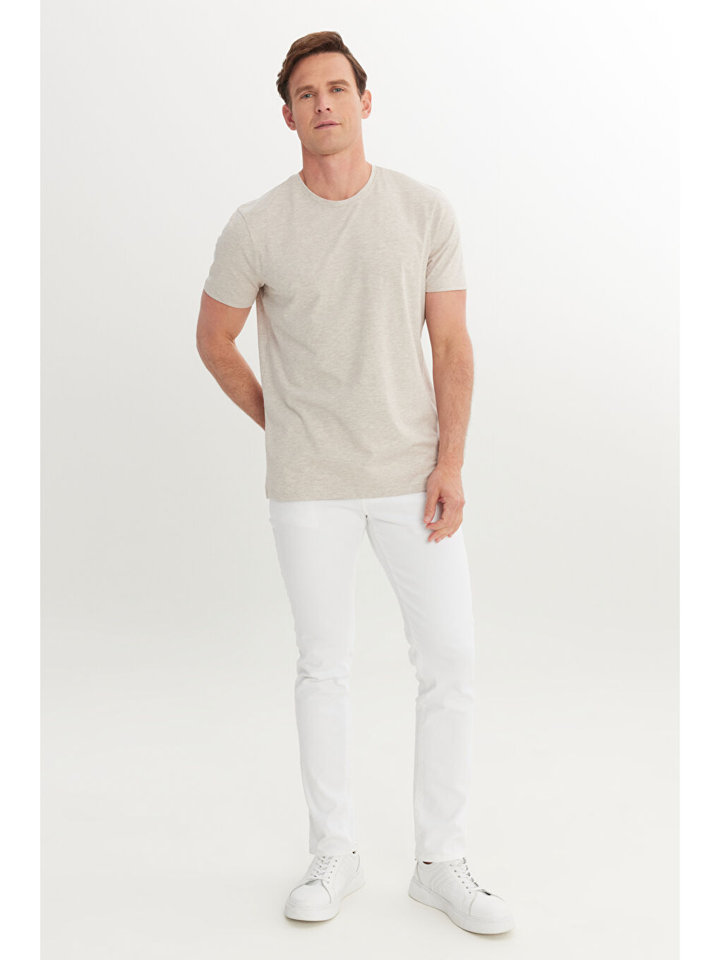 Erkek Bej Melanj 360 Derece Her Yöne Esneyen Slim Fit Bisiklet Yaka Tişört-1