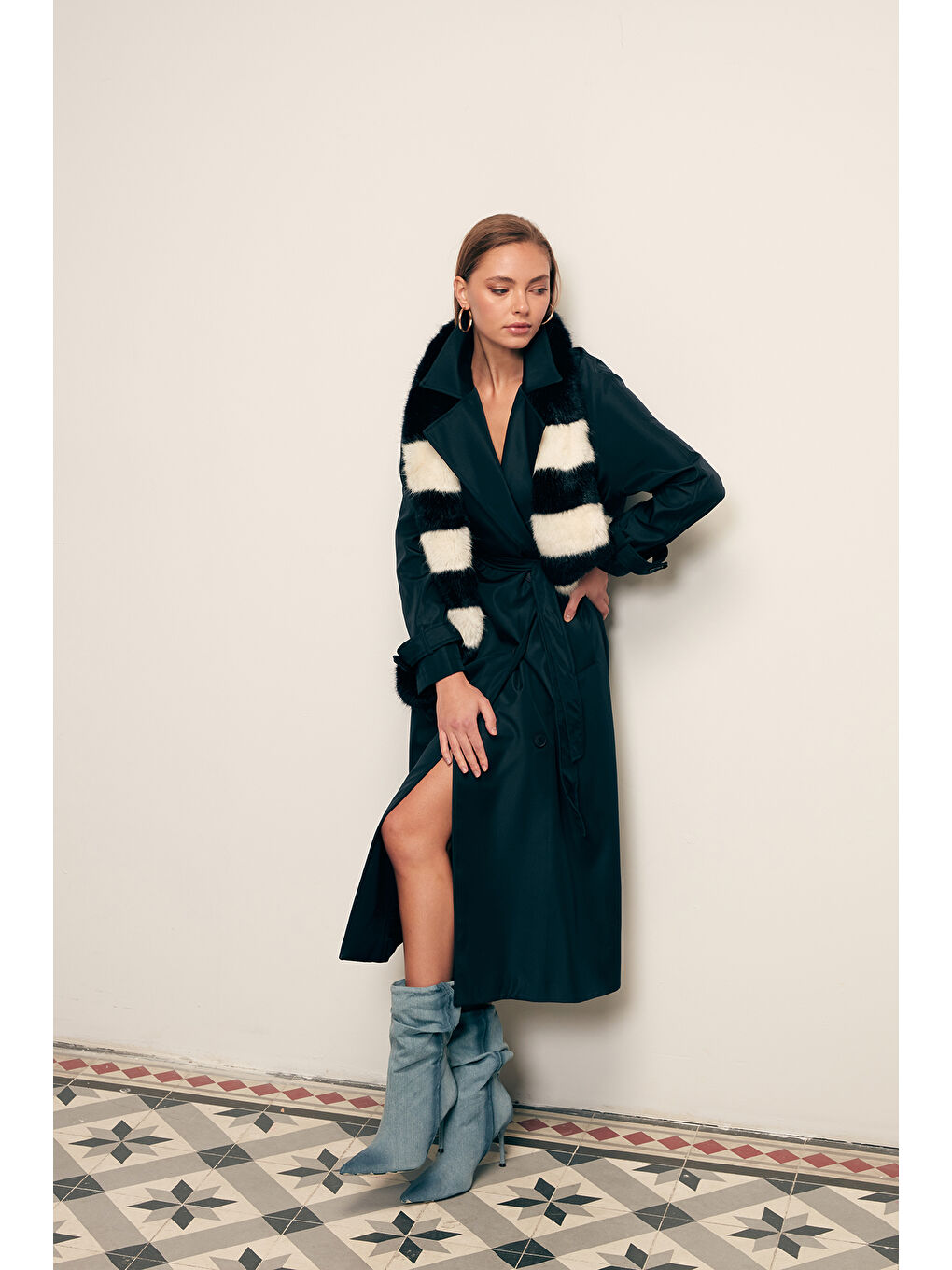 Kuşaklı Uzun Trenç - Lacivert-3