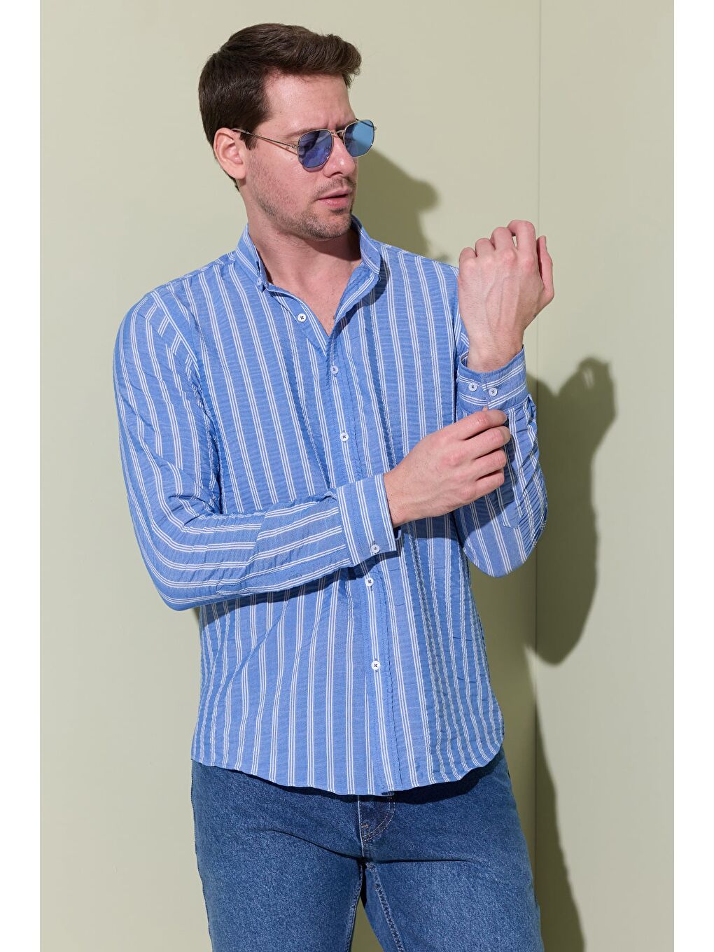 Mavi Çizgili Jakarlı Gömlek-2