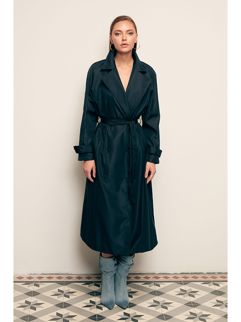 Kuşaklı Uzun Trenç - Lacivert-4