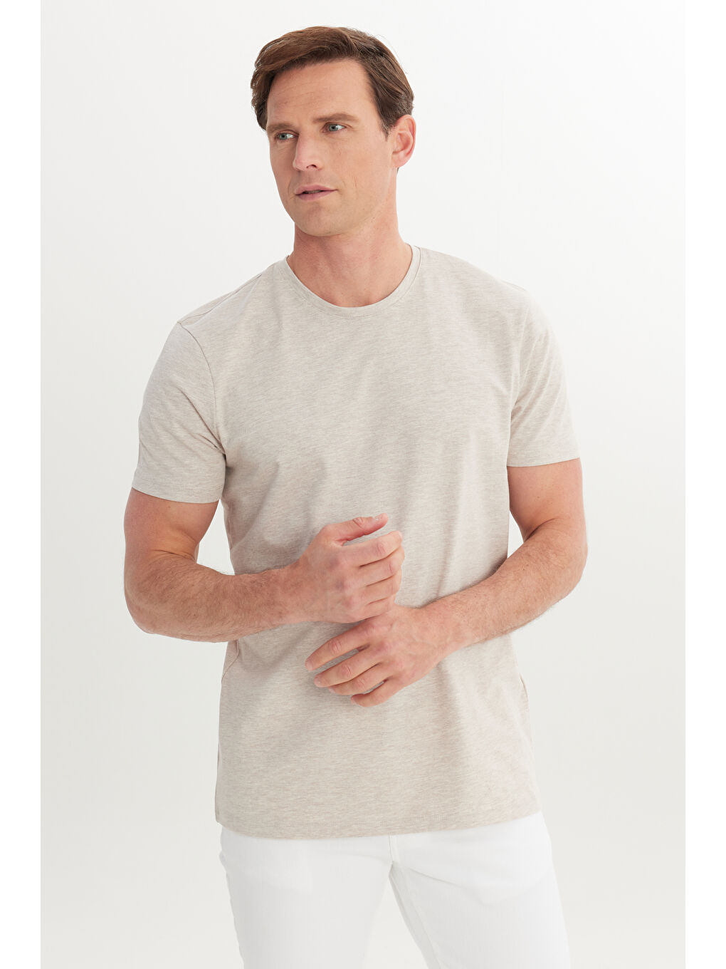 Erkek Bej Melanj 360 Derece Her Yöne Esneyen Slim Fit Bisiklet Yaka Tişört-2