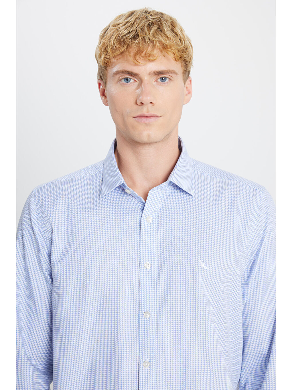 Erkek Mavi-Gri Ütü Gerektirmeyen %100 Pamuk Slim Fit Klasik Yaka Armürlü Gömlek-3