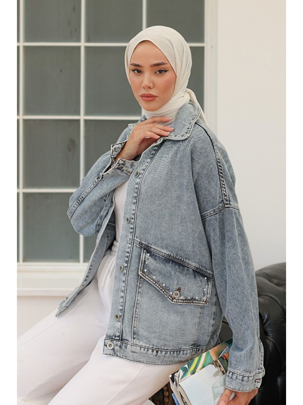 Kadın Taş Detaylı Oversize Denim Jean Ceket Acik Mavi   26572