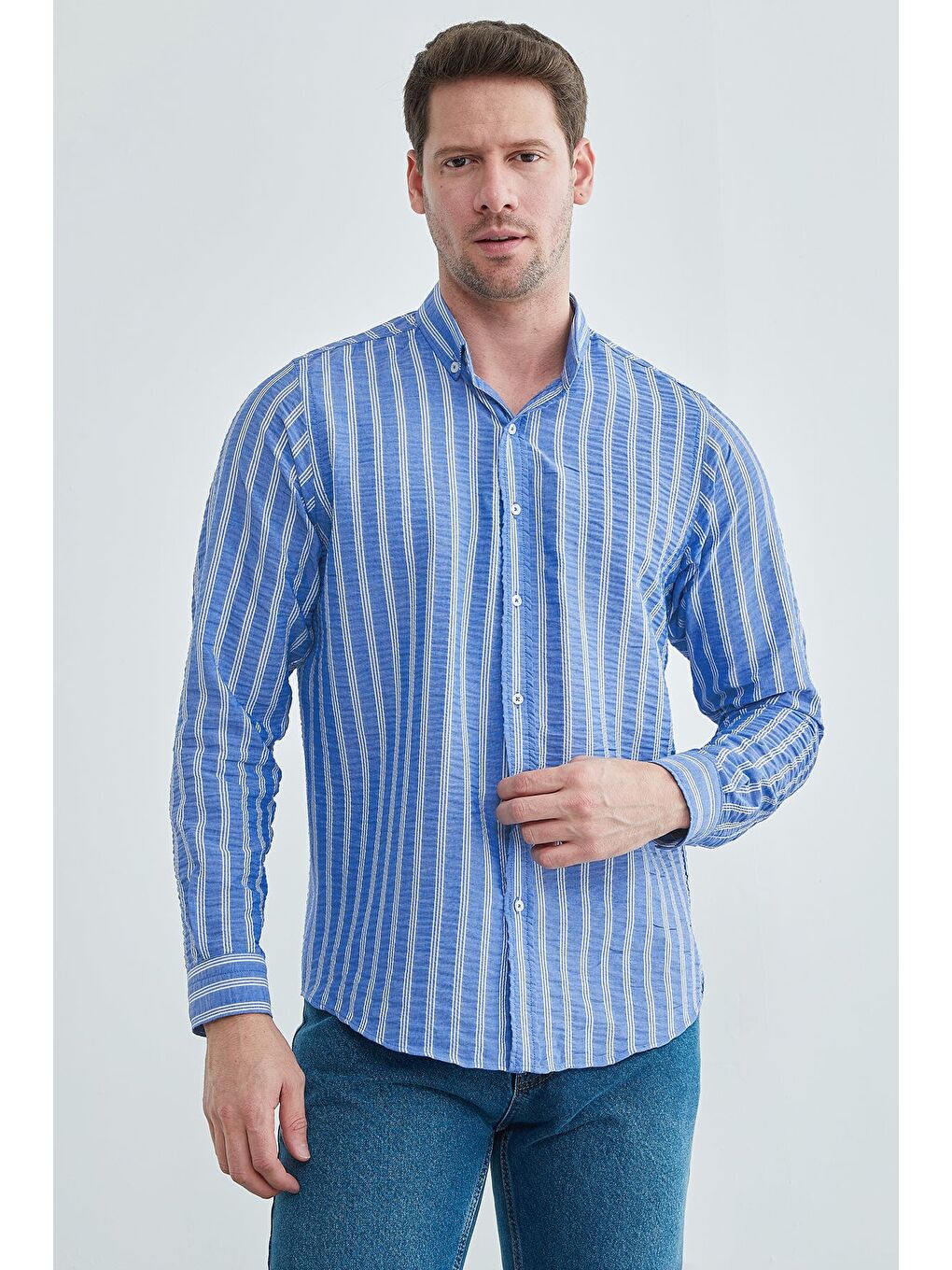 Mavi Çizgili Jakarlı Gömlek-3