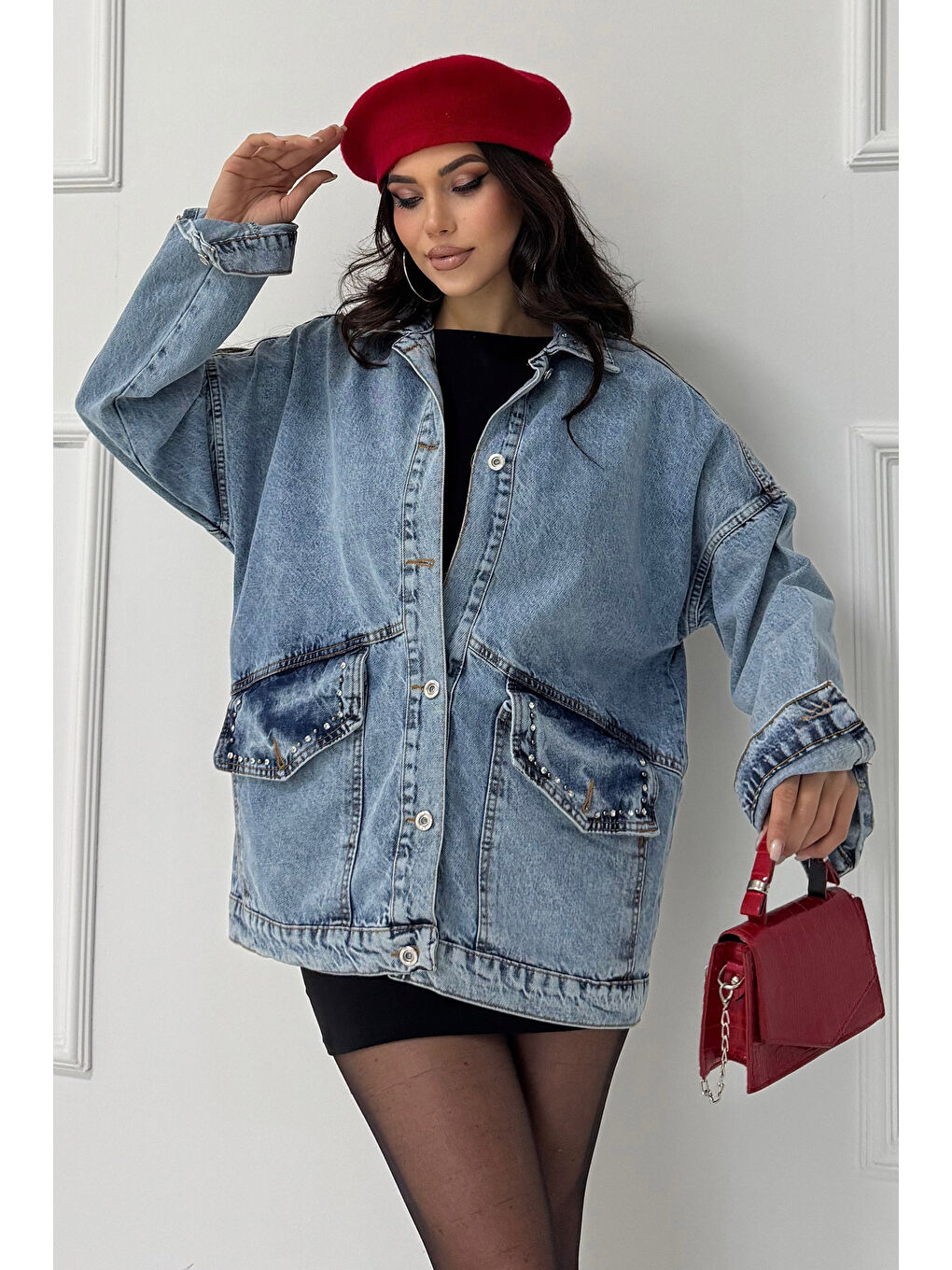 Kadın Taş Detaylı Oversize Denim Jean Ceket Acik Mavi   26572-2