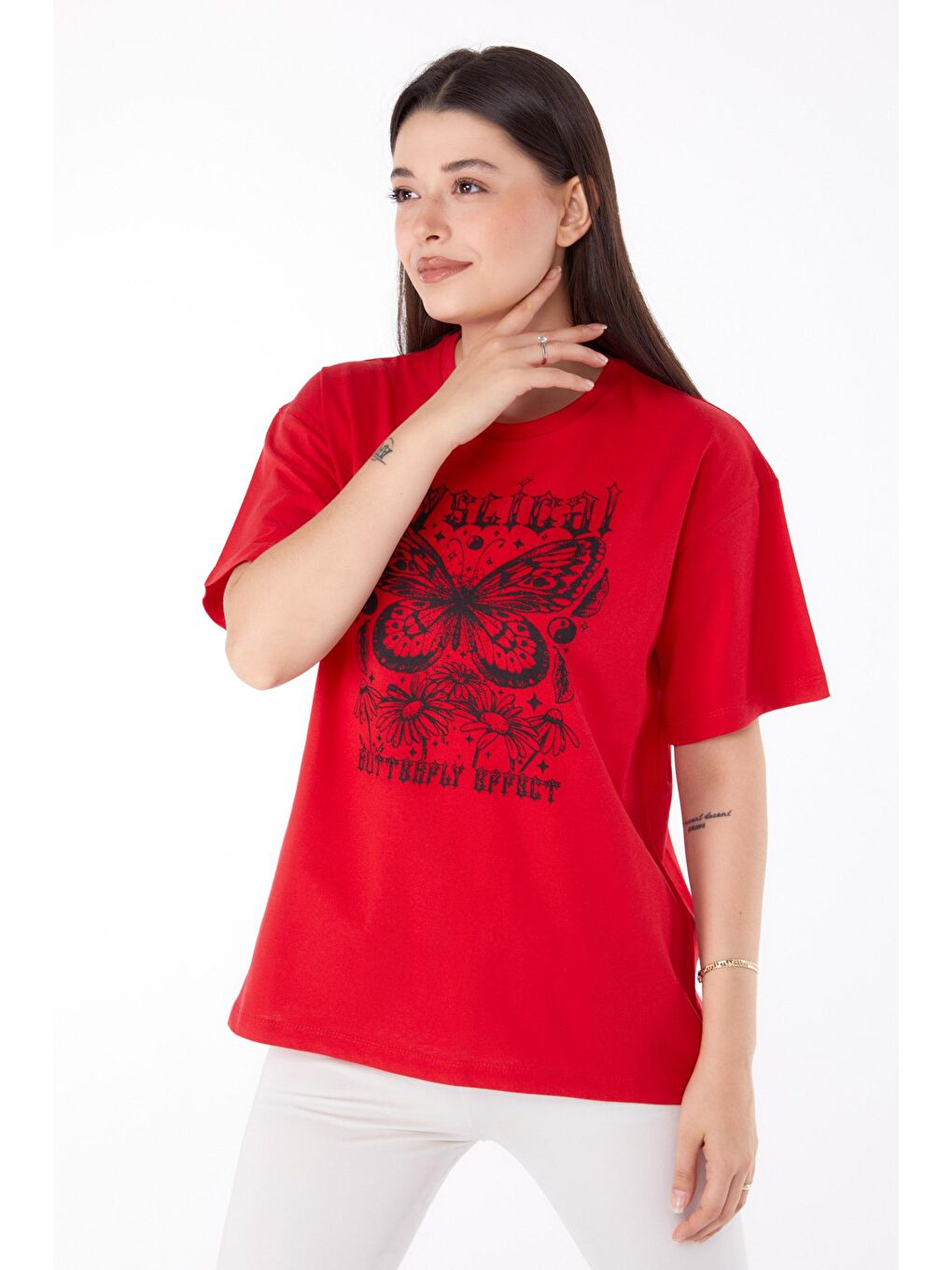 TOFİSA Kırmızı Düz Bisiklet Yaka Kadın Kırmızı Baskılı T-shirt - 25695