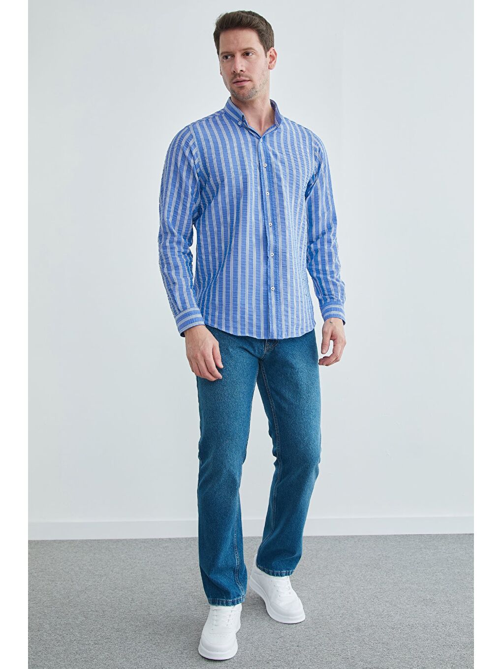 Mavi Çizgili Jakarlı Gömlek-4