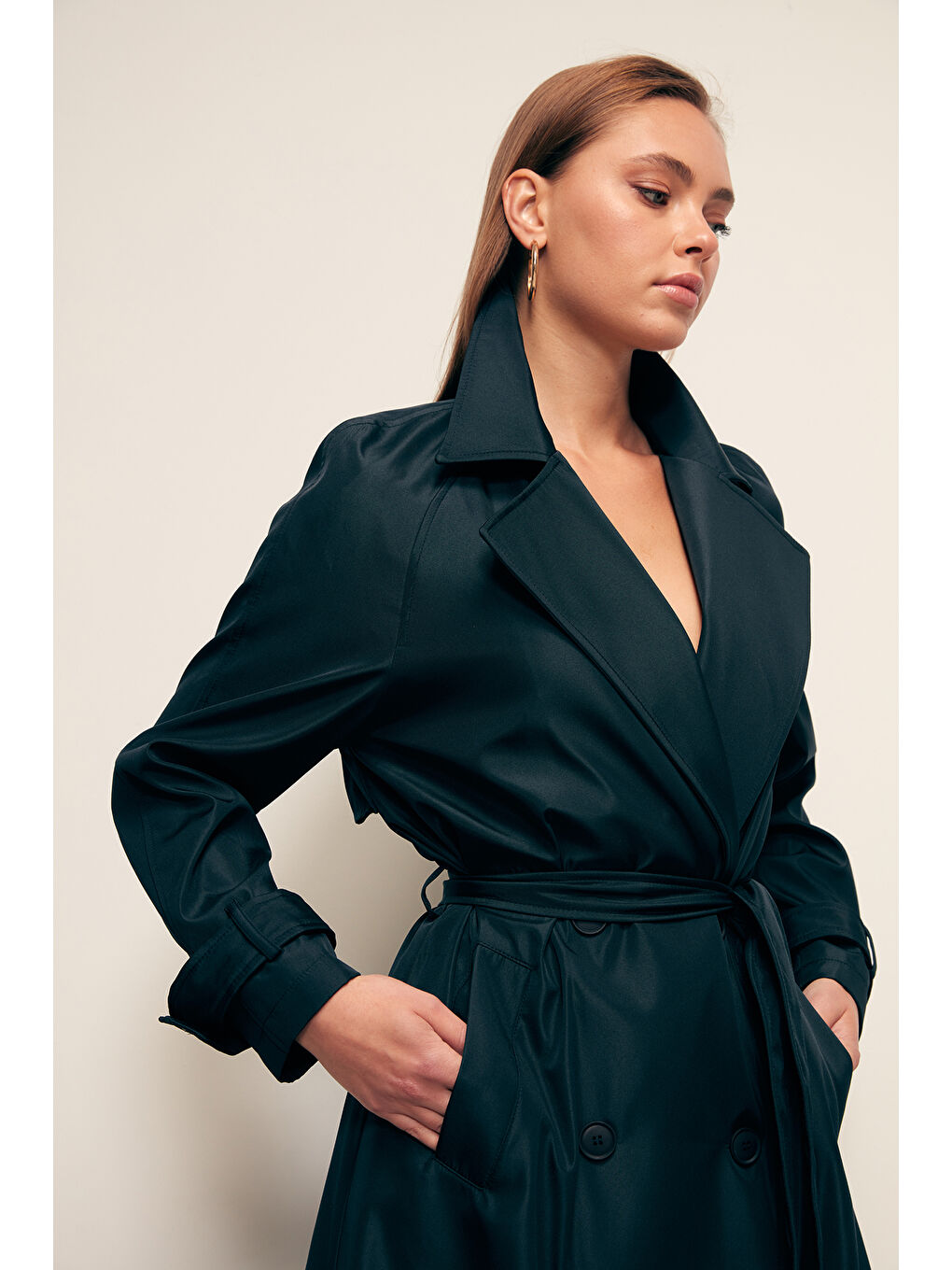 Kuşaklı Uzun Trenç - Lacivert-5