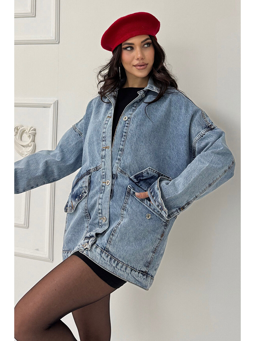 Kadın Taş Detaylı Oversize Denim Jean Ceket Acik Mavi   26572-4