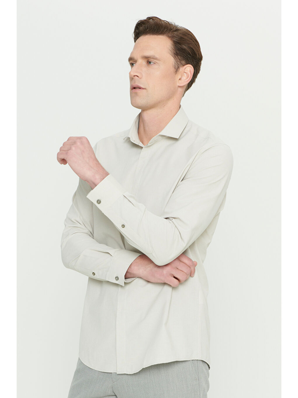 Erkek Açık Haki Slim Fit Dar Kesim Klasik Yaka Pamuklu Armürlü Gömlek-2
