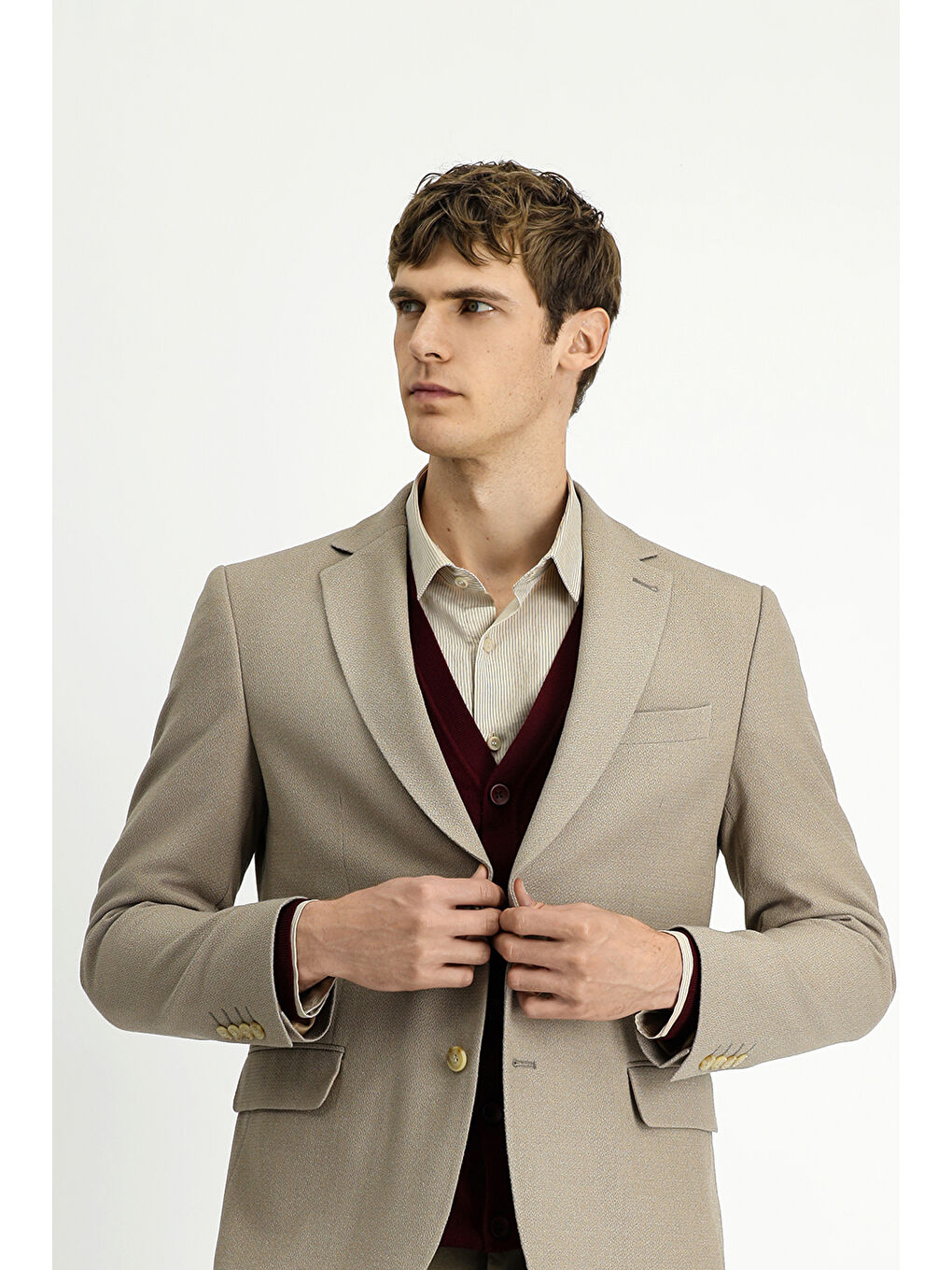 Bej Regular Fit Elastanlı Klasik Desenli Ceket-2