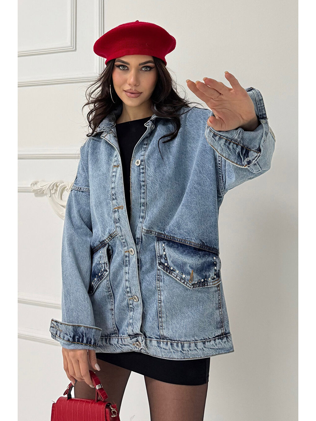 Kadın Taş Detaylı Oversize Denim Jean Ceket Acik Mavi   26572-5