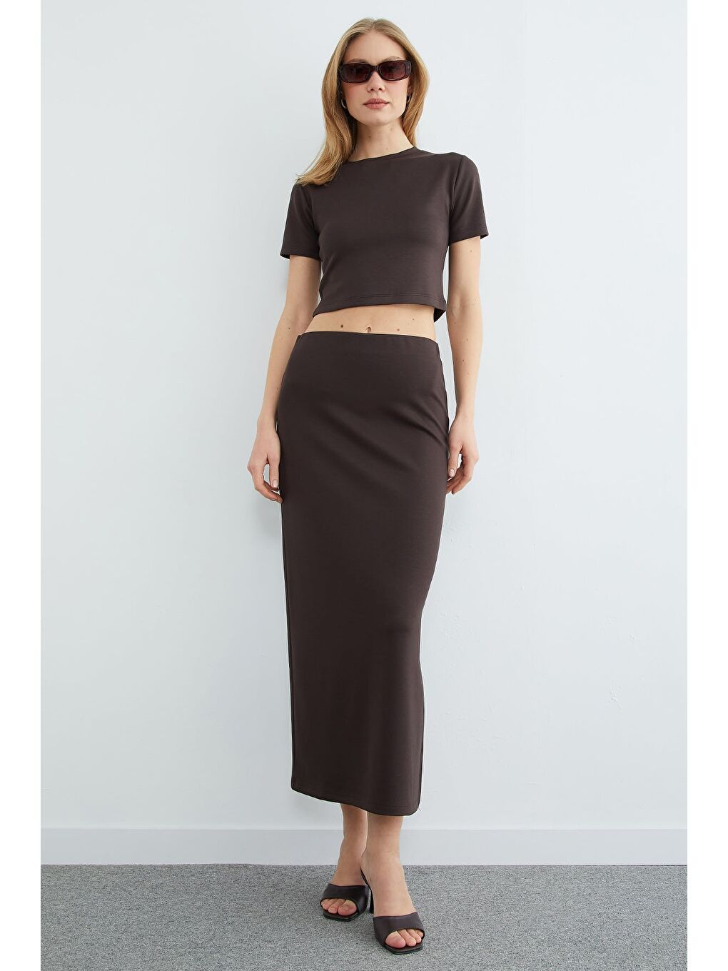 Kahverengi Basic Yırtmaçlı Modal Etekli 2 Li Takım-4