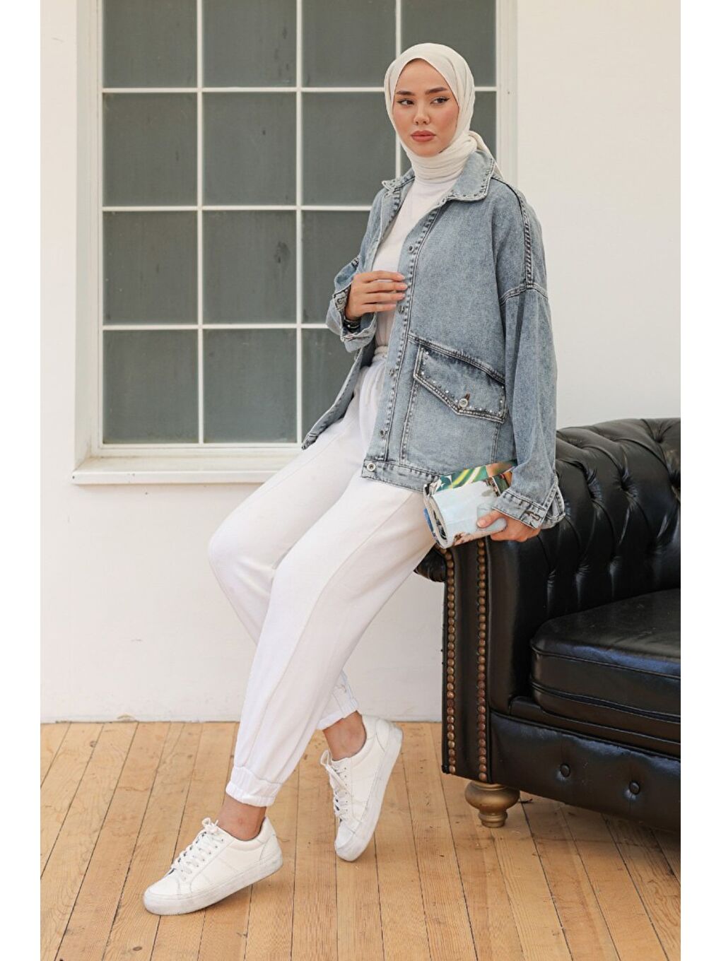 Kadın Taş Detaylı Oversize Denim Jean Ceket Acik Mavi   26572-6