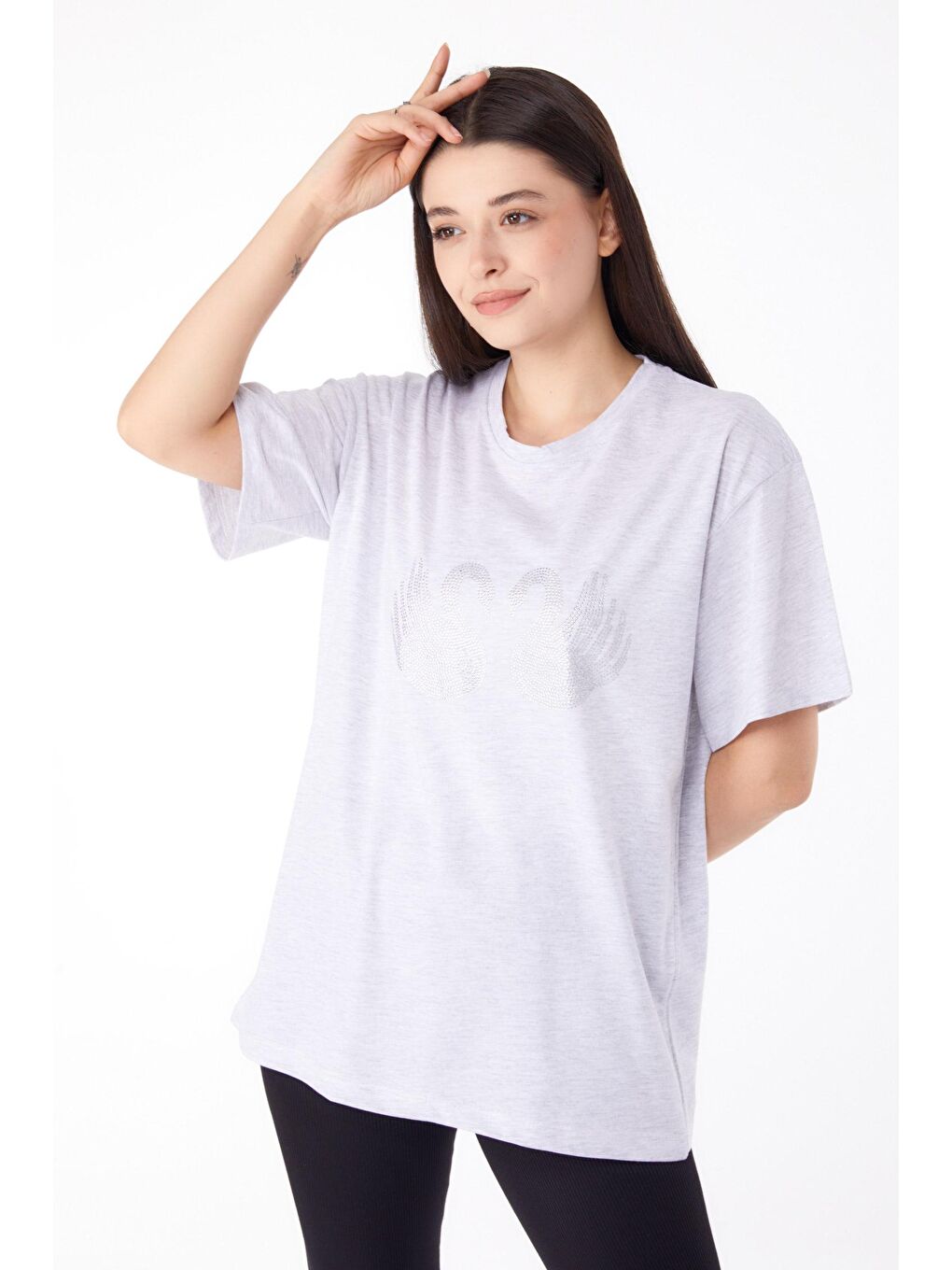 TOFİSA Düz Bisiklet Yaka Kadın Gri Taşlı T-shirt - 25696