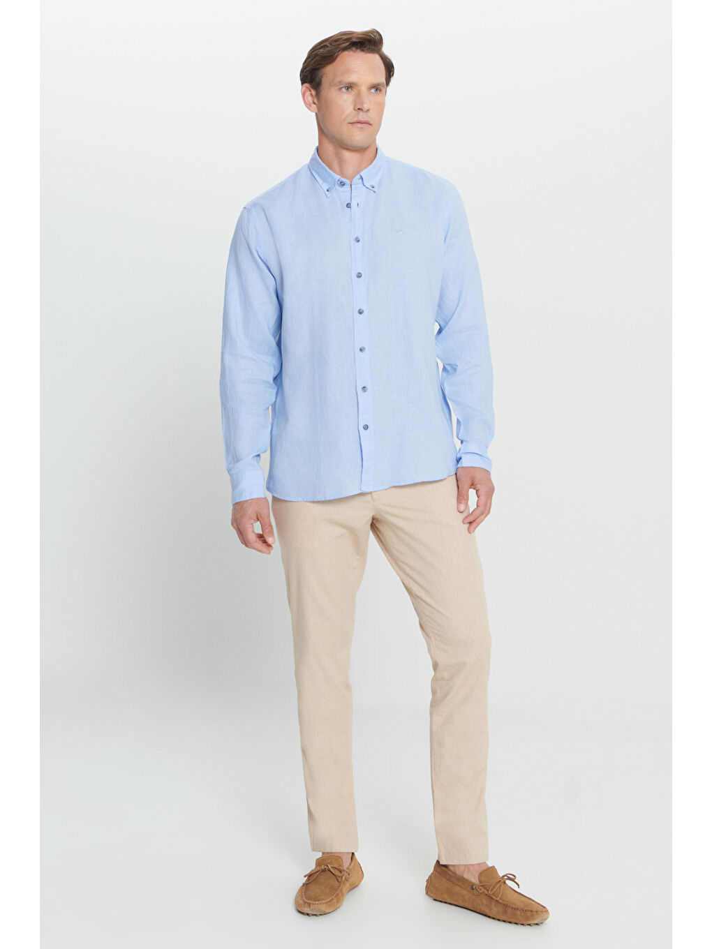 Erkek Açık Mavi Comfort Fit Rahat Kesim %100 Keten Düğmeli Yaka Gömlek-1