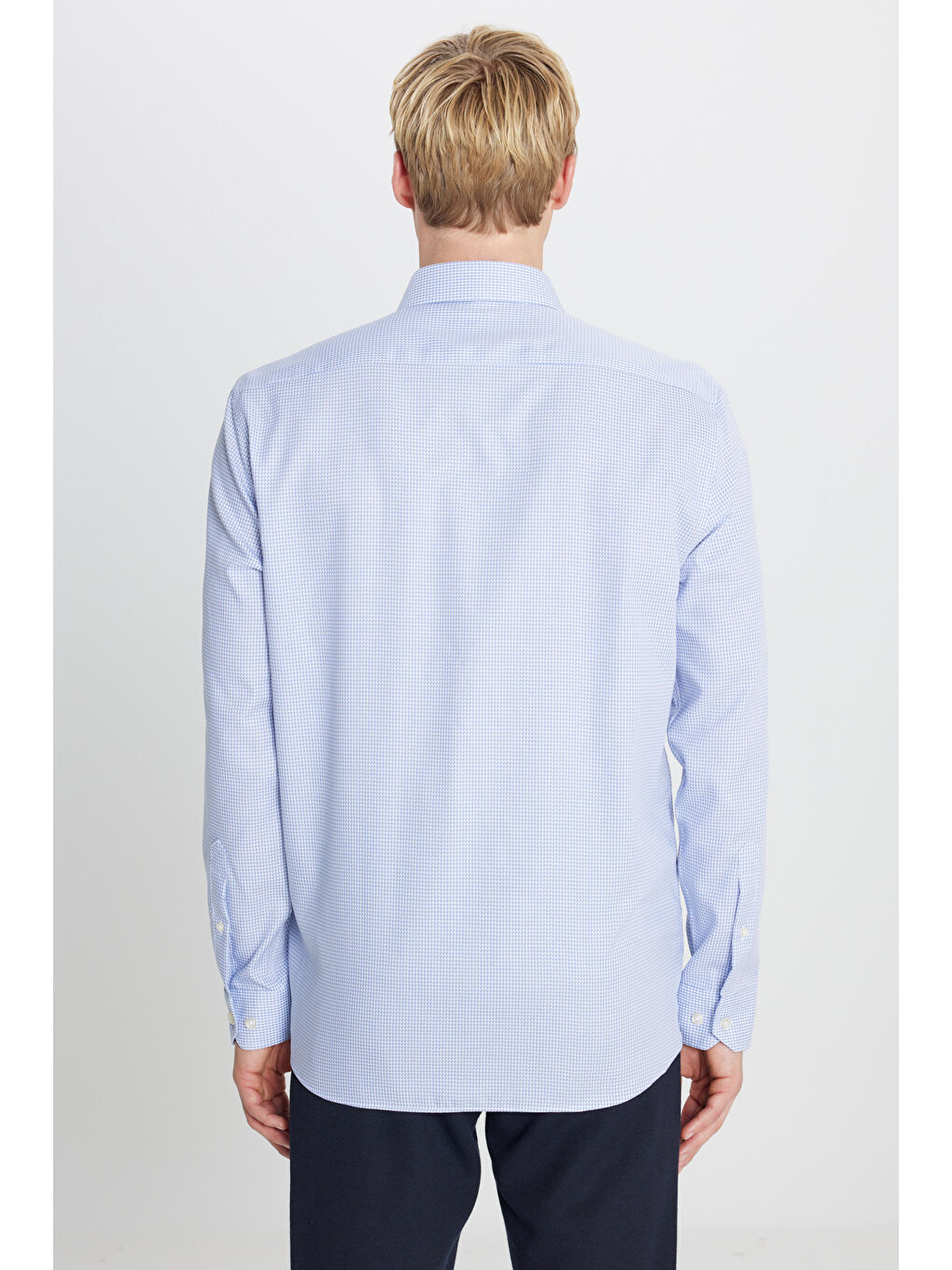 Erkek Mavi-Gri Ütü Gerektirmeyen %100 Pamuk Slim Fit Klasik Yaka Armürlü Gömlek-4