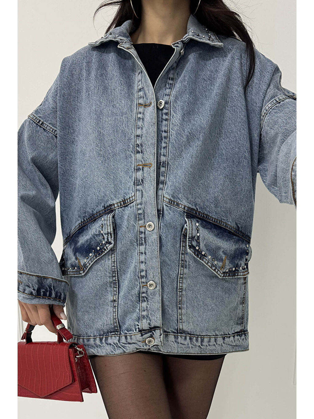 Kadın Taş Detaylı Oversize Denim Jean Ceket Acik Mavi   26572-7