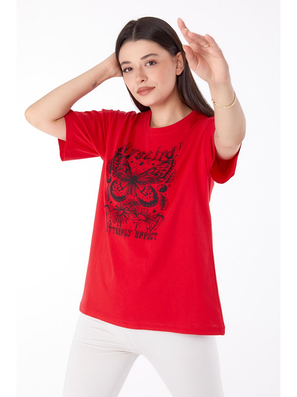 TOFİSA Kırmızı Düz Bisiklet Yaka Kadın Kırmızı Baskılı T-shirt - 25695 - 1