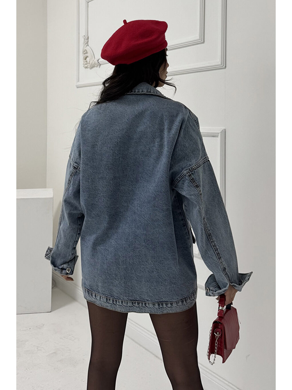 Kadın Taş Detaylı Oversize Denim Jean Ceket Acik Mavi   26572-8