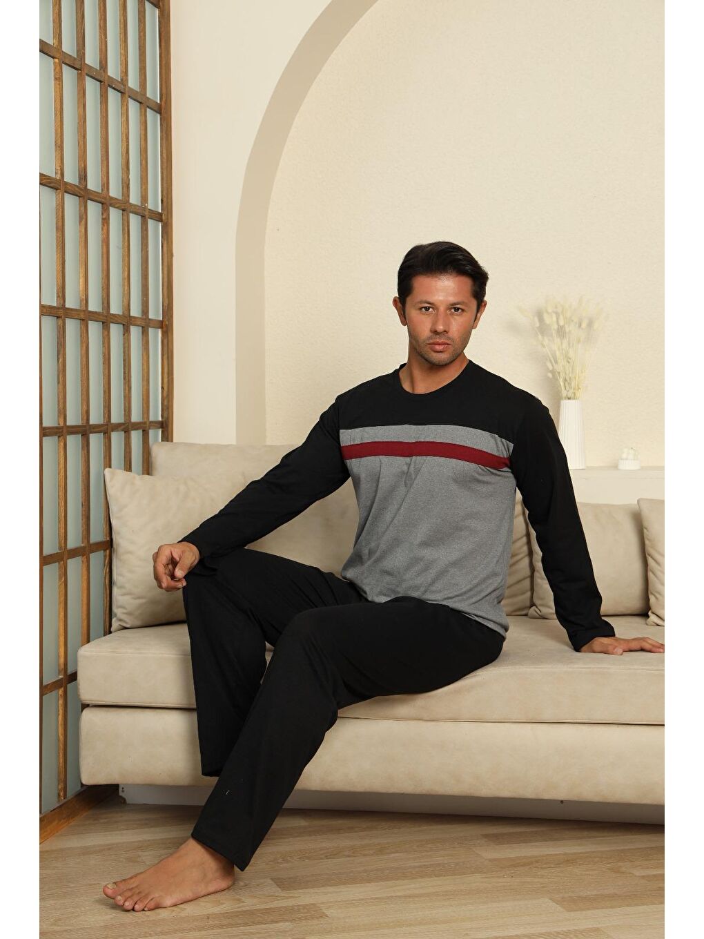 Gri Erkek %100 Organik Doğal Pamuk Ekose Cep Detaylı Yüksek Kalite Uzun Kollu Pijama Takımı