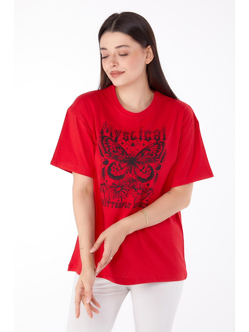 TOFİSA Kırmızı Düz Bisiklet Yaka Kadın Kırmızı Baskılı T-shirt - 25695 - 2