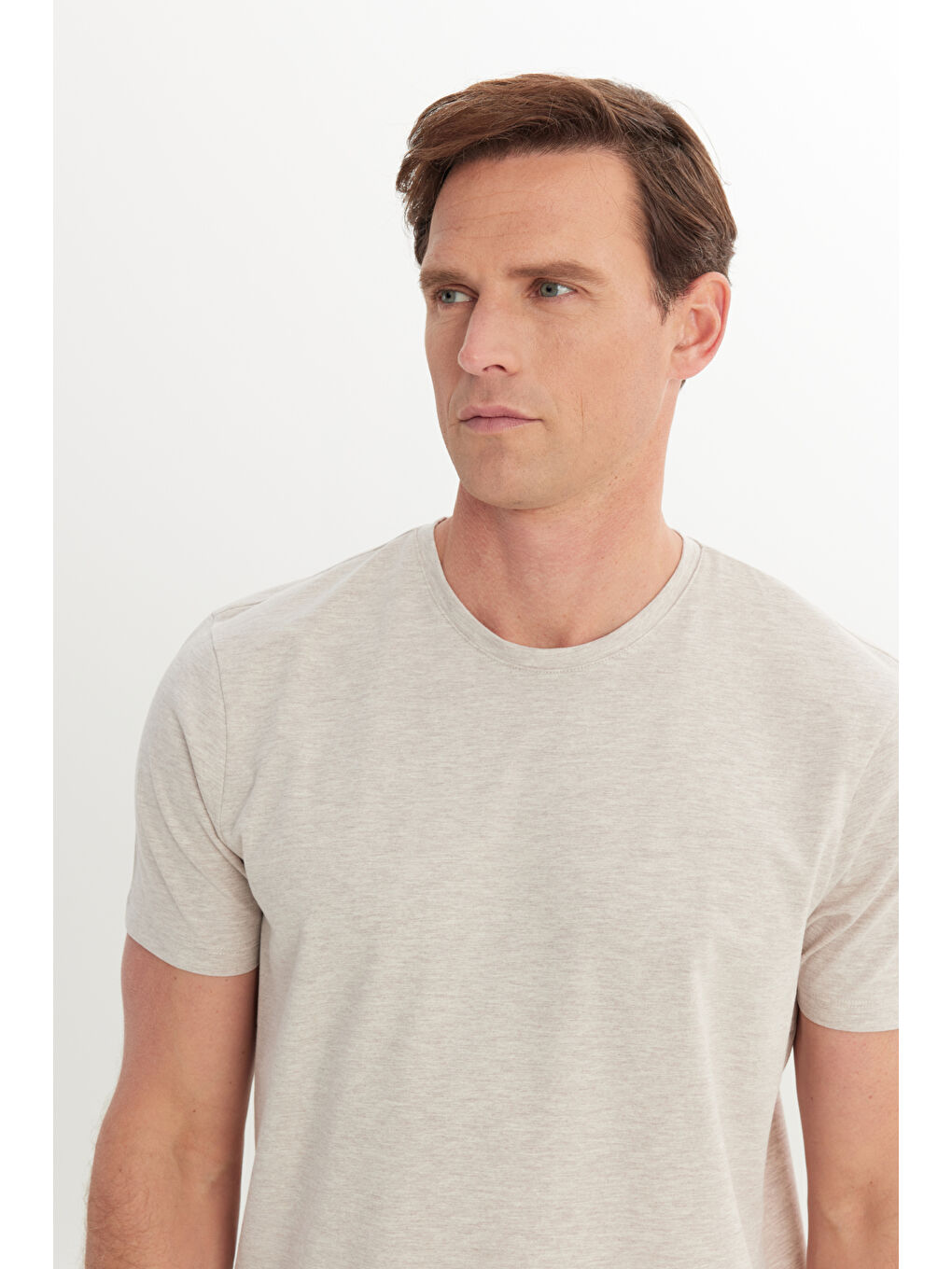 Erkek Bej Melanj 360 Derece Her Yöne Esneyen Slim Fit Bisiklet Yaka Tişört-3