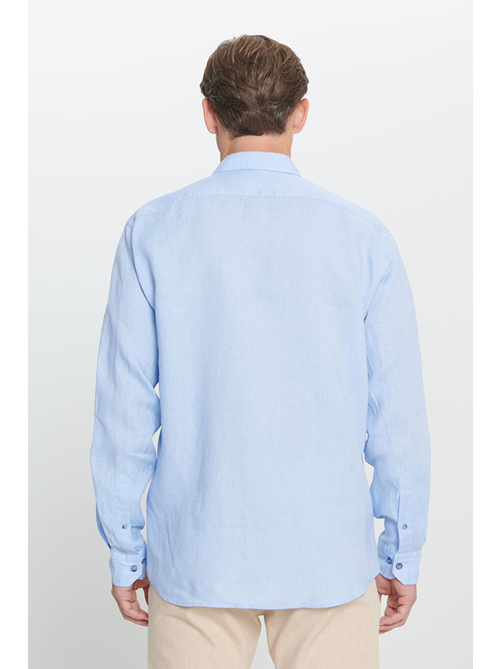 Erkek Açık Mavi Comfort Fit Rahat Kesim %100 Keten Düğmeli Yaka Gömlek-5