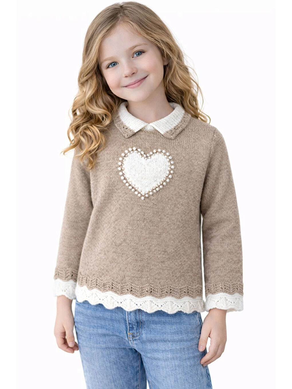 Bej İnci İşlemeli Kız Çocuk Kazak 4098