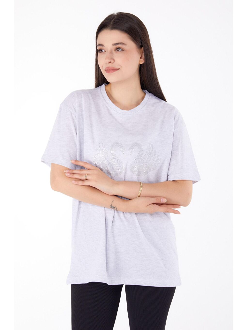 TOFİSA Düz Bisiklet Yaka Kadın Gri Taşlı T-shirt - 25696 - 2